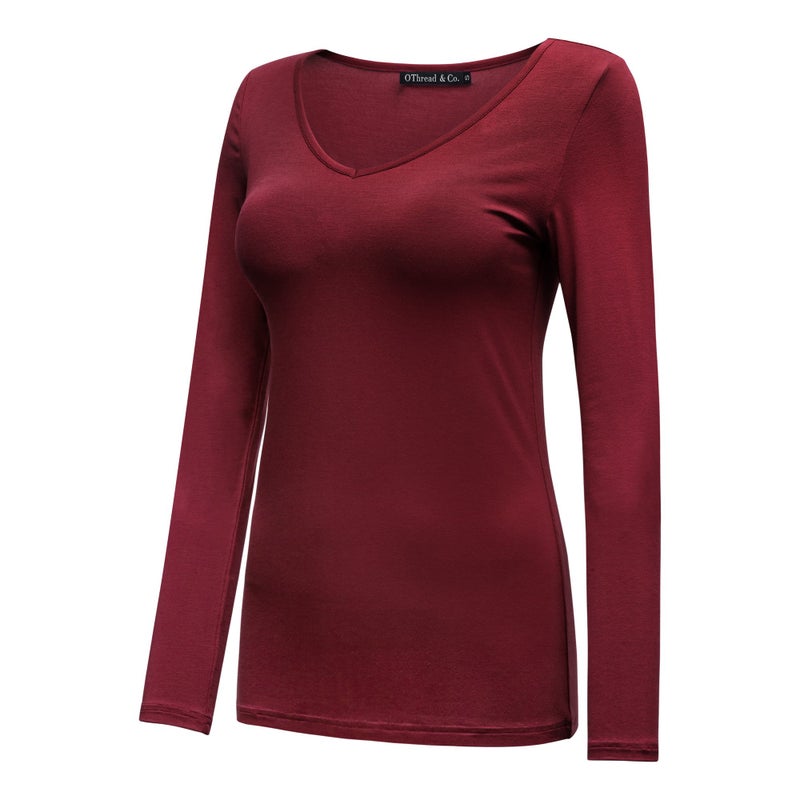 OThread & Co. Women's Long Sleeve T-Shirt V-Neck Basic Layer Stretchy Shirts (Medium, Burgundy) - Image 2